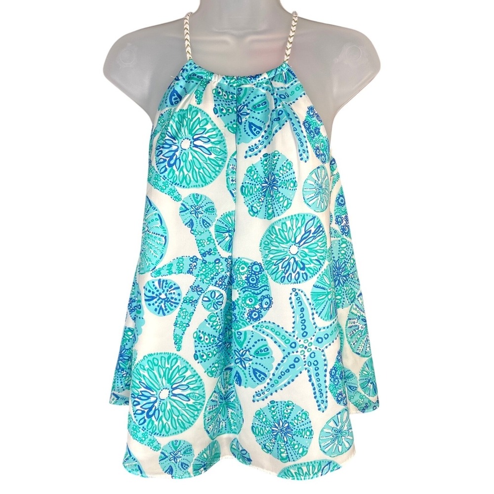 Lilly Pulitzer Halter Top XS Blue Green Starfish Sand Dollar Braided Rope Strap